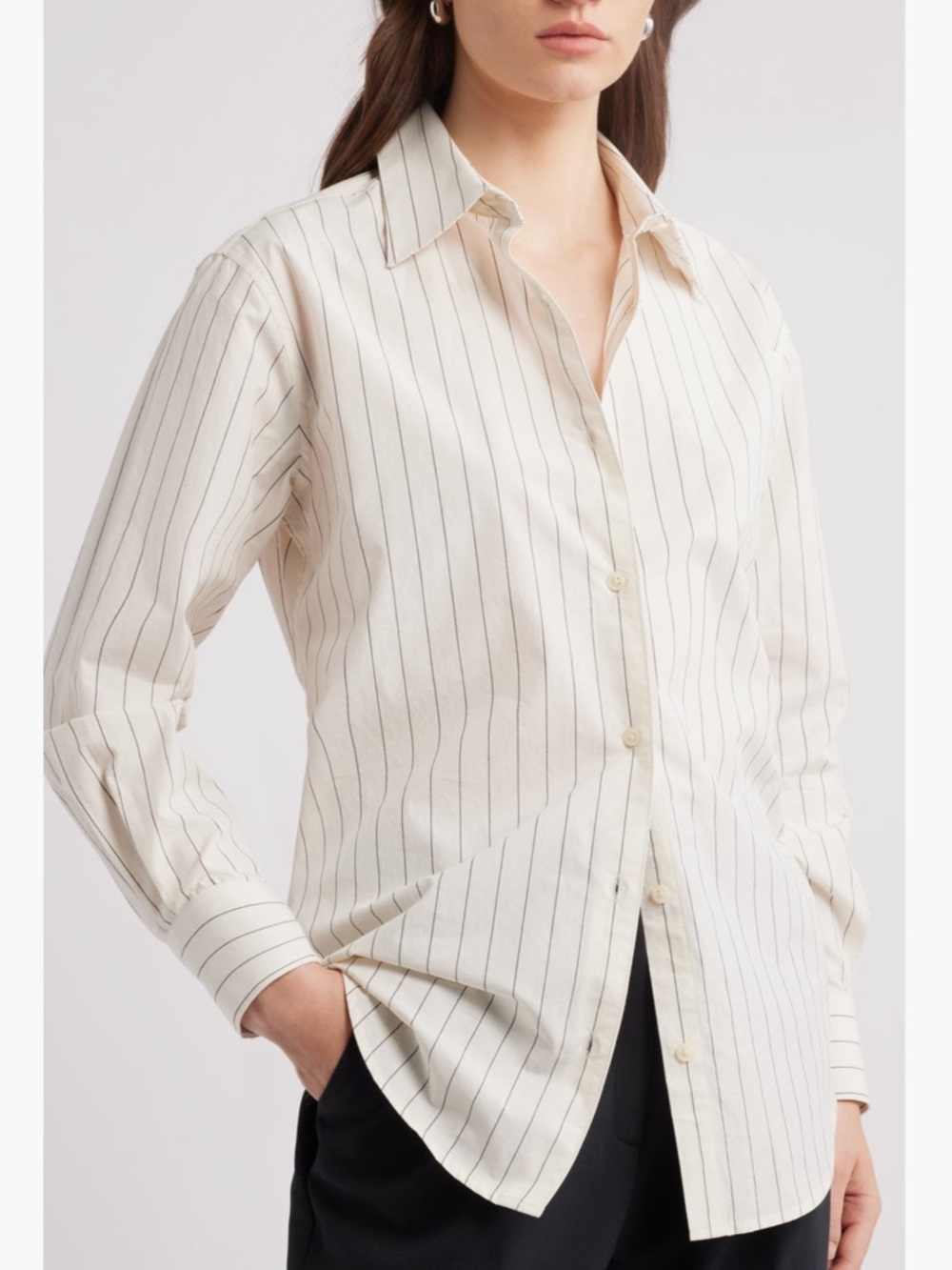 Oversized boyfriend Nordstrom Ivory button down shirt with black pinstripe